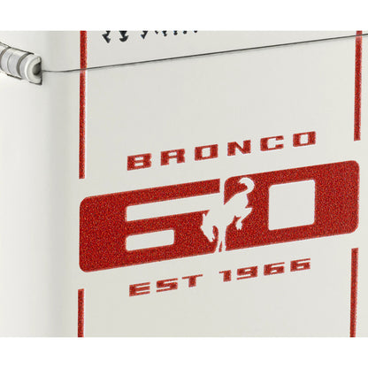 Front view of Zippo Ford Bronco 60th Anniversary Design White Matte Windproof Lighter close up to show the detail of the lighter.