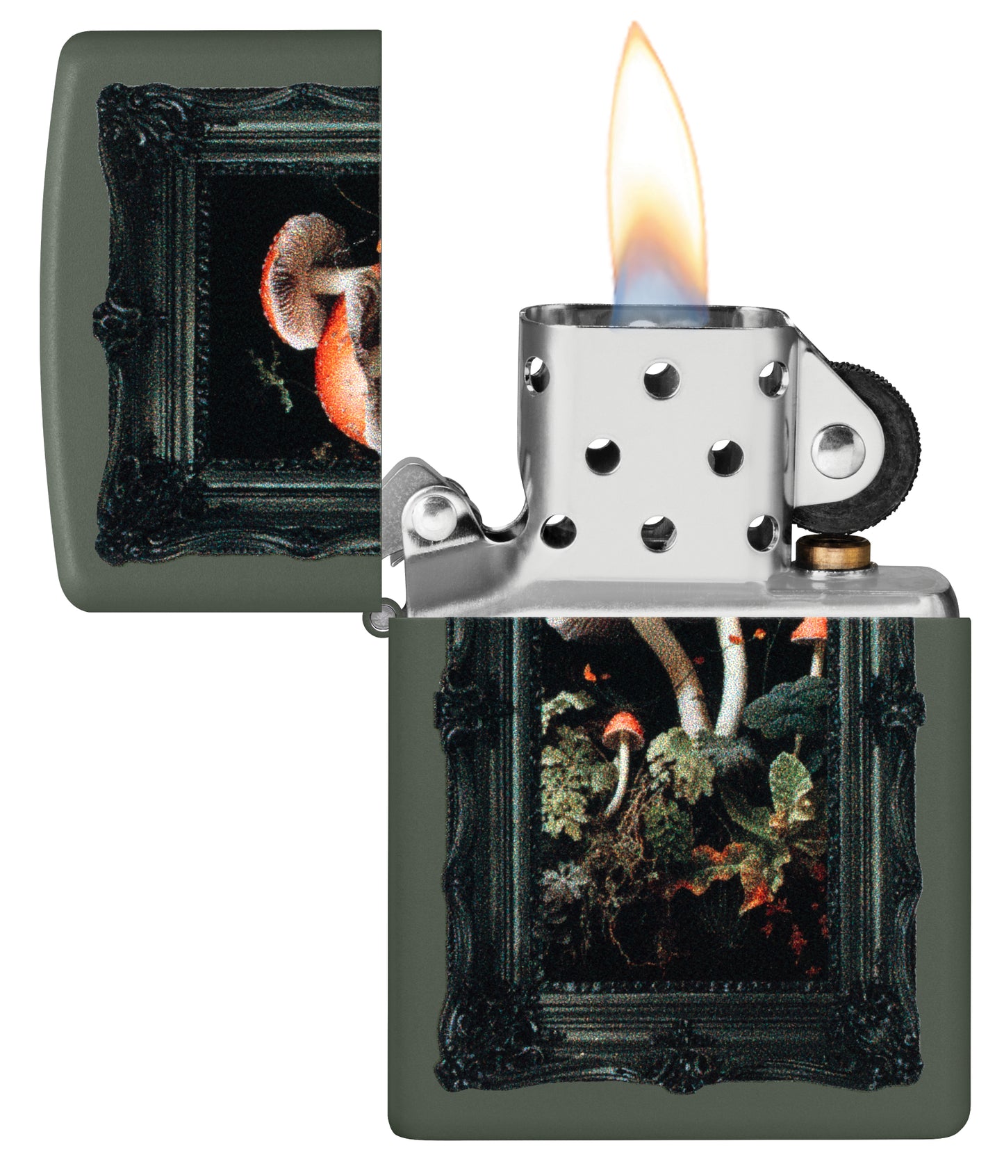 Zippo Framed Fungi Design Green Matte Windproof Lighter with its lid open and lit.