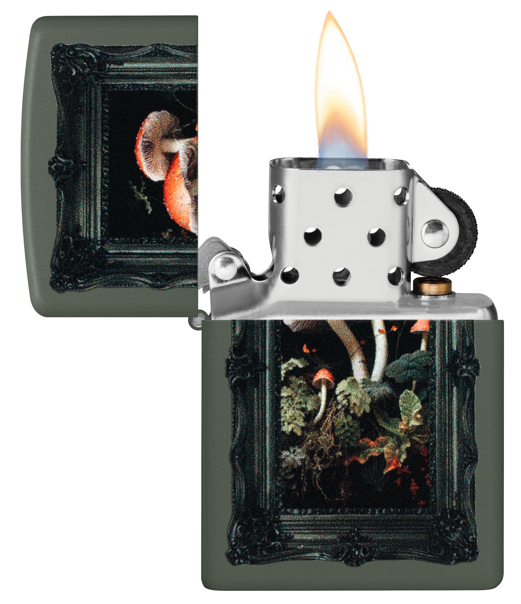 Zippo Framed Fungi Design Green Matte Windproof Lighter with its lid open and lit.