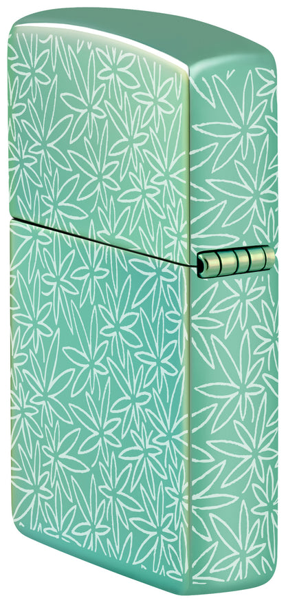 Angled shot of Zippo Atomic Cannabis Design High Polish Green Windproof Lighter showing the back and hinge side of the lighter.