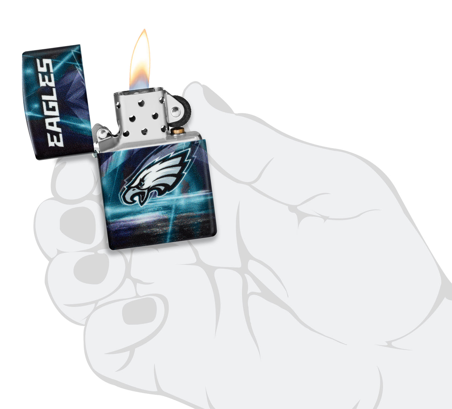 Zippo NFL Philadelphia Eagles 540 Matte Windproof Lighter lit in hand.