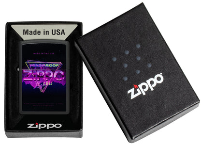 Zippo Sign Design Black Matte Windproof Lighter in its packaging.