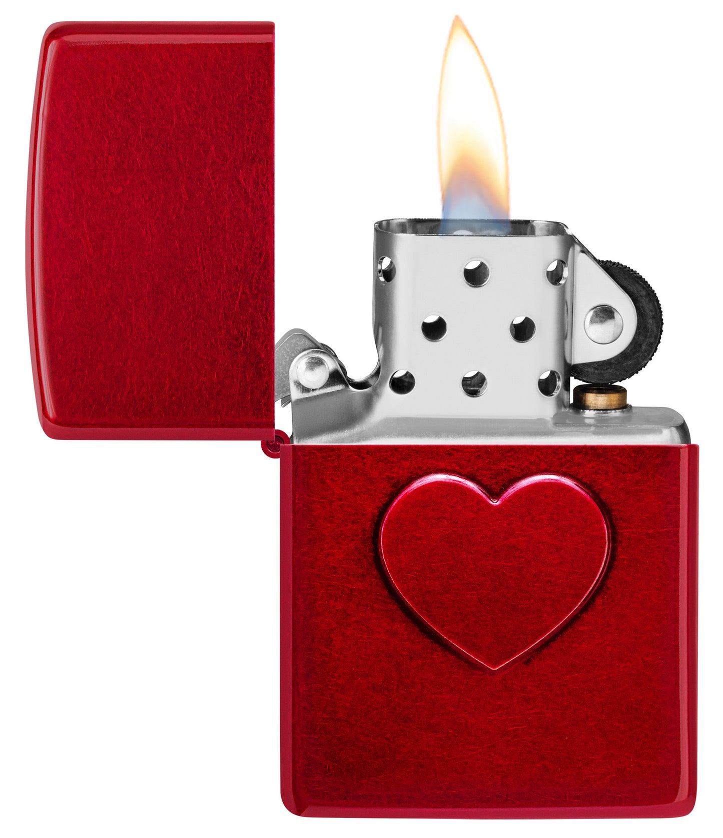 Zippo Stamped Heart Design Candy Apple Windproof Lighter with its lid open and lit.