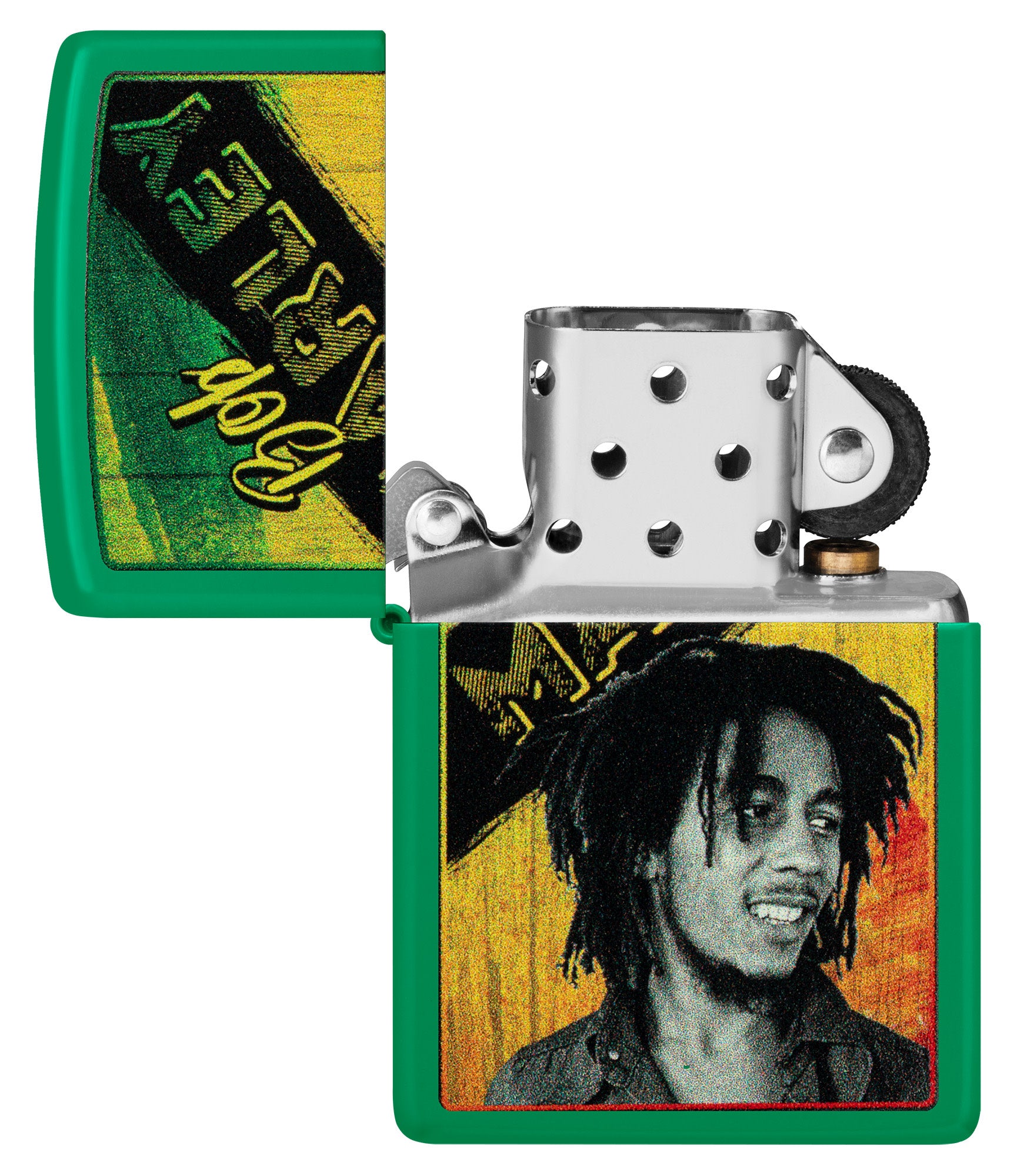 Zippo Bob Marley Grass Green Matte Windproof Lighter with its lid open and unlit.