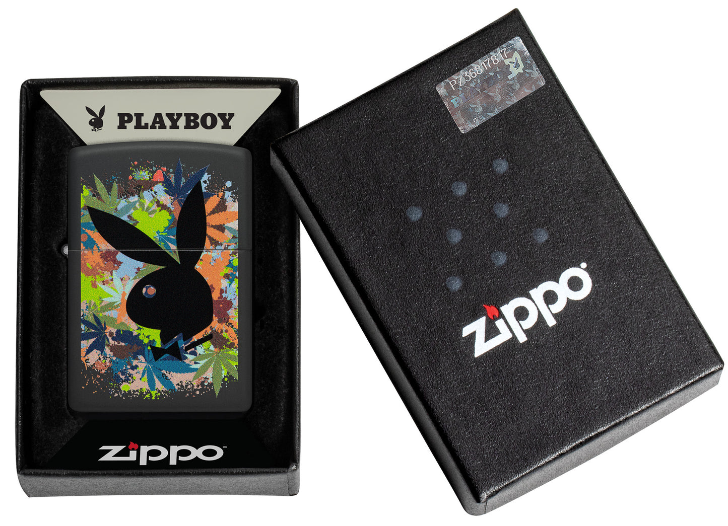 Zippo Playboy Rabbit Head Silhouette Black Matte Windproof Lighter in its packaging.