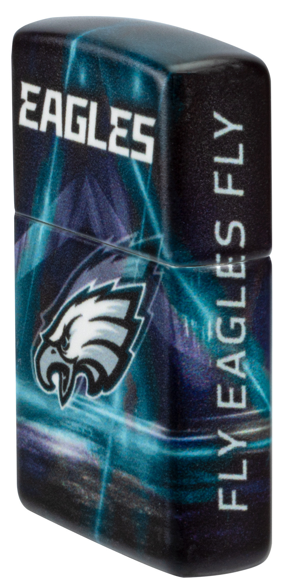 Angled shot of Zippo NFL Philadelphia Eagles 540 Matte Windproof Lighter showing the front and right sides of the lighter.