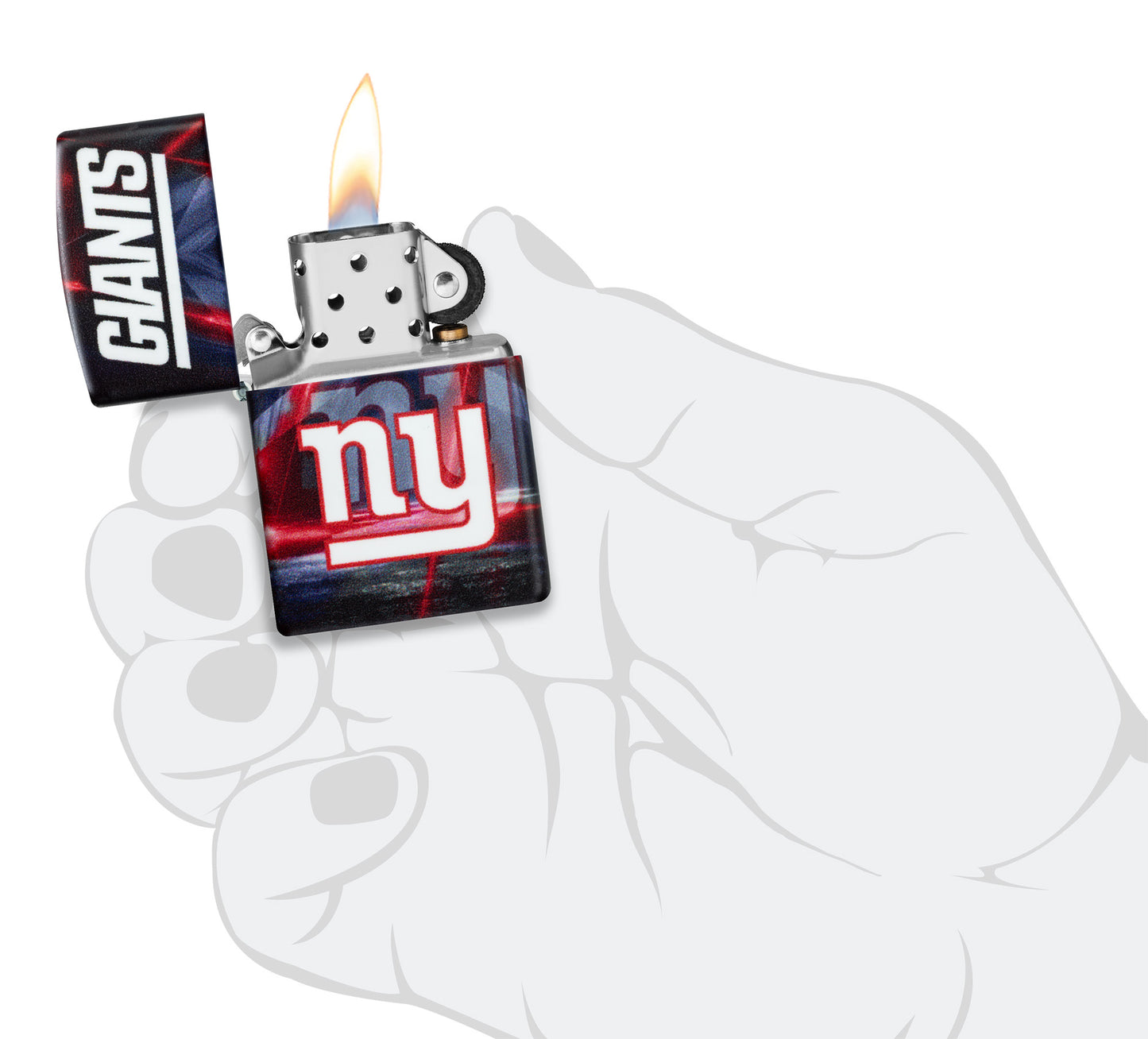 Zippo NFL New York Giants 540 Matte Windproof Lighter lit in hand.