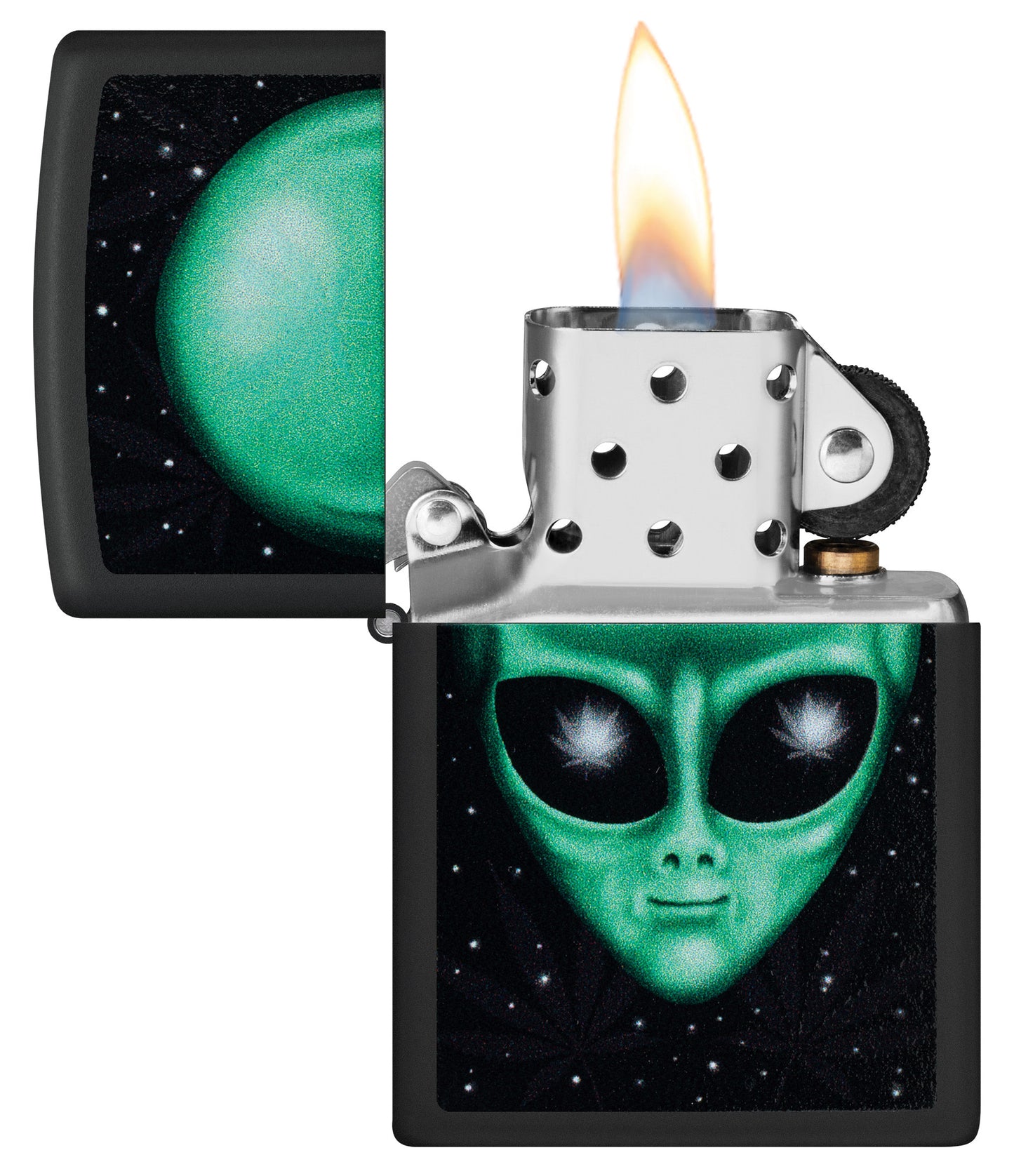 Zippo Alien Leaf Design Black Matte Windproof Lighter with its lid open and lit.