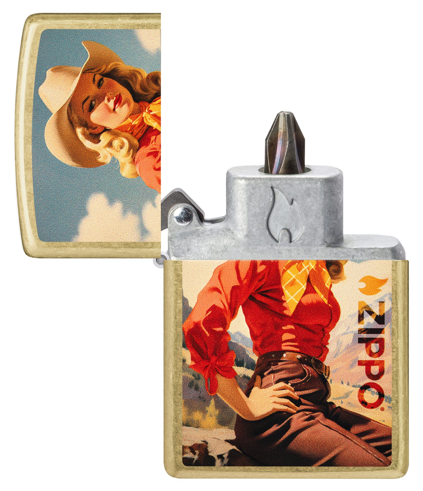 Zippo Rancher Design Windproof Lighter with its lid open and showing the Bit Safe Screwdriver USA. 