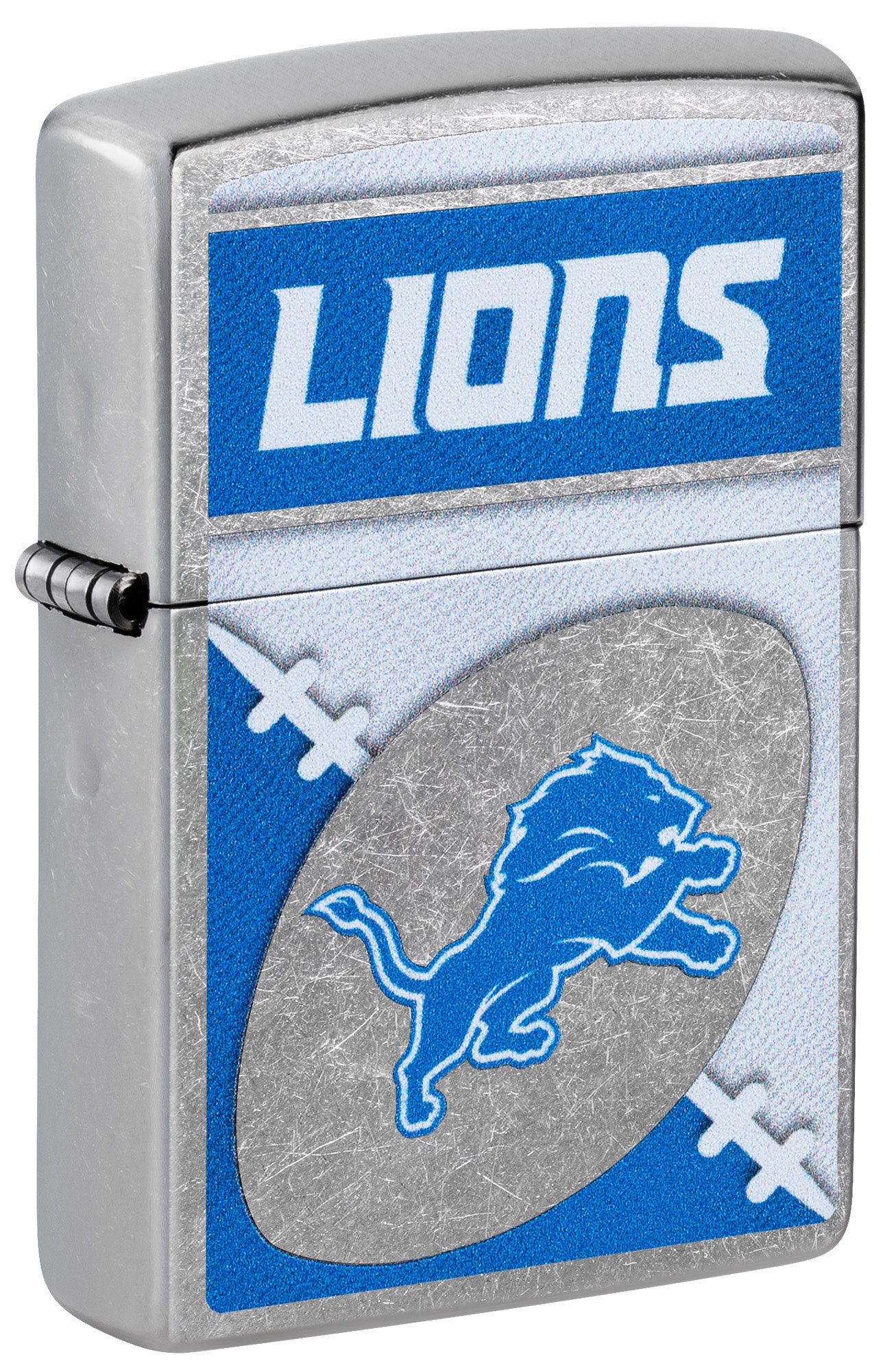 Front shot of Zippo NFL Detroit Lions Street Chrome Windproof Lighter standing at a 3/4 angle.