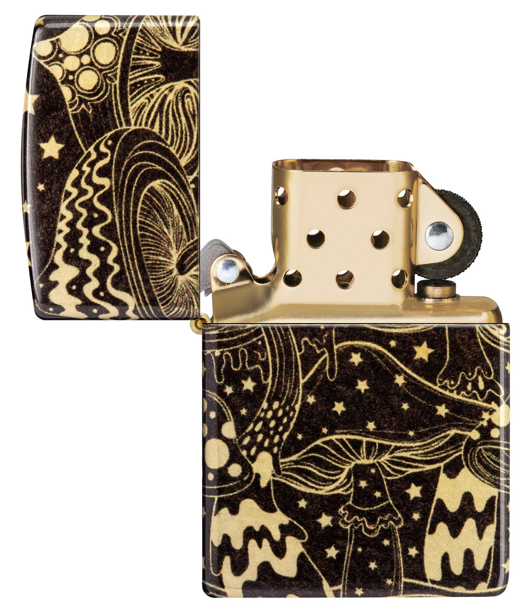 Zippo Mushroom Drift Design 540 Tumbled Brass Windproof Lighter with its lid open and unlit.