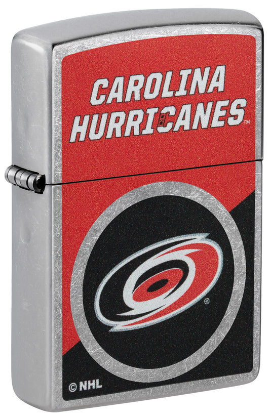 Front shot of Zippo NHL® Carolina Hurricanes® 2024 Street Chrome™ Windproof Lighter standing at a 3/4 angle.