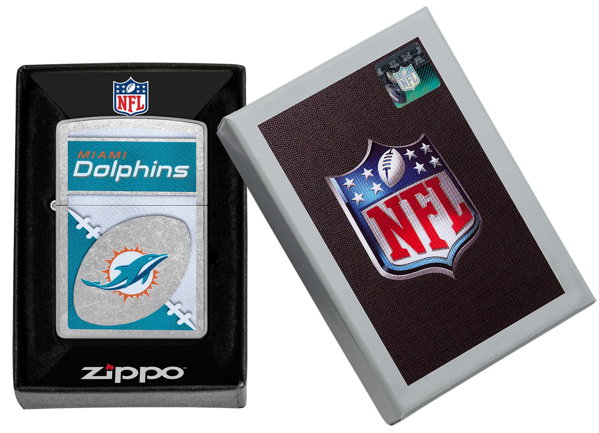 Zippo NFL Miami Dolphins Street Chrome Windproof Lighter in its packaging.