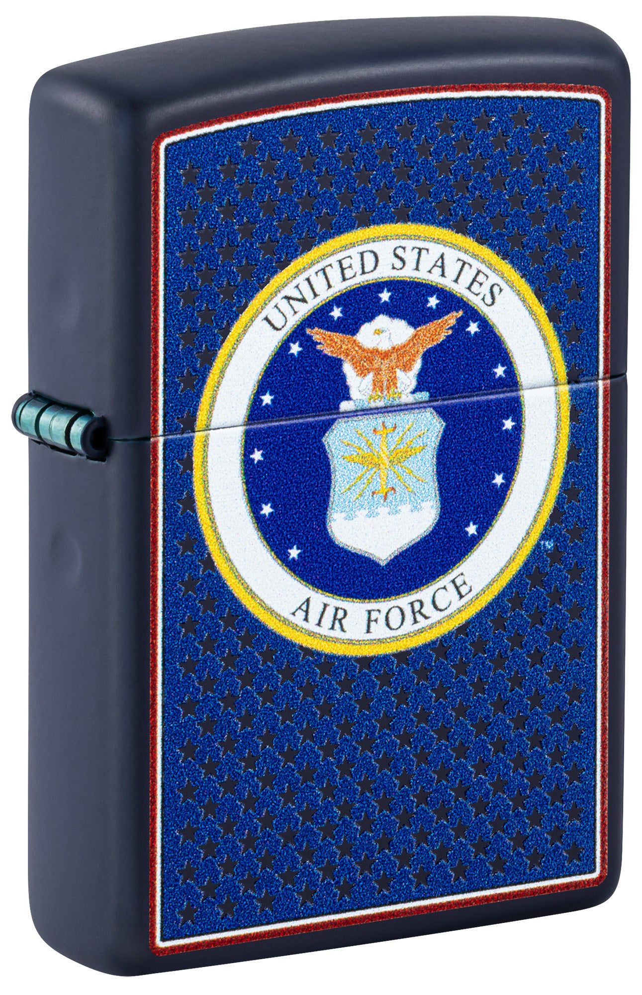 Front shot of Zippo U.S. Air Force™ Navy Matte Windproof Lighter standing at a 3/4 angle.