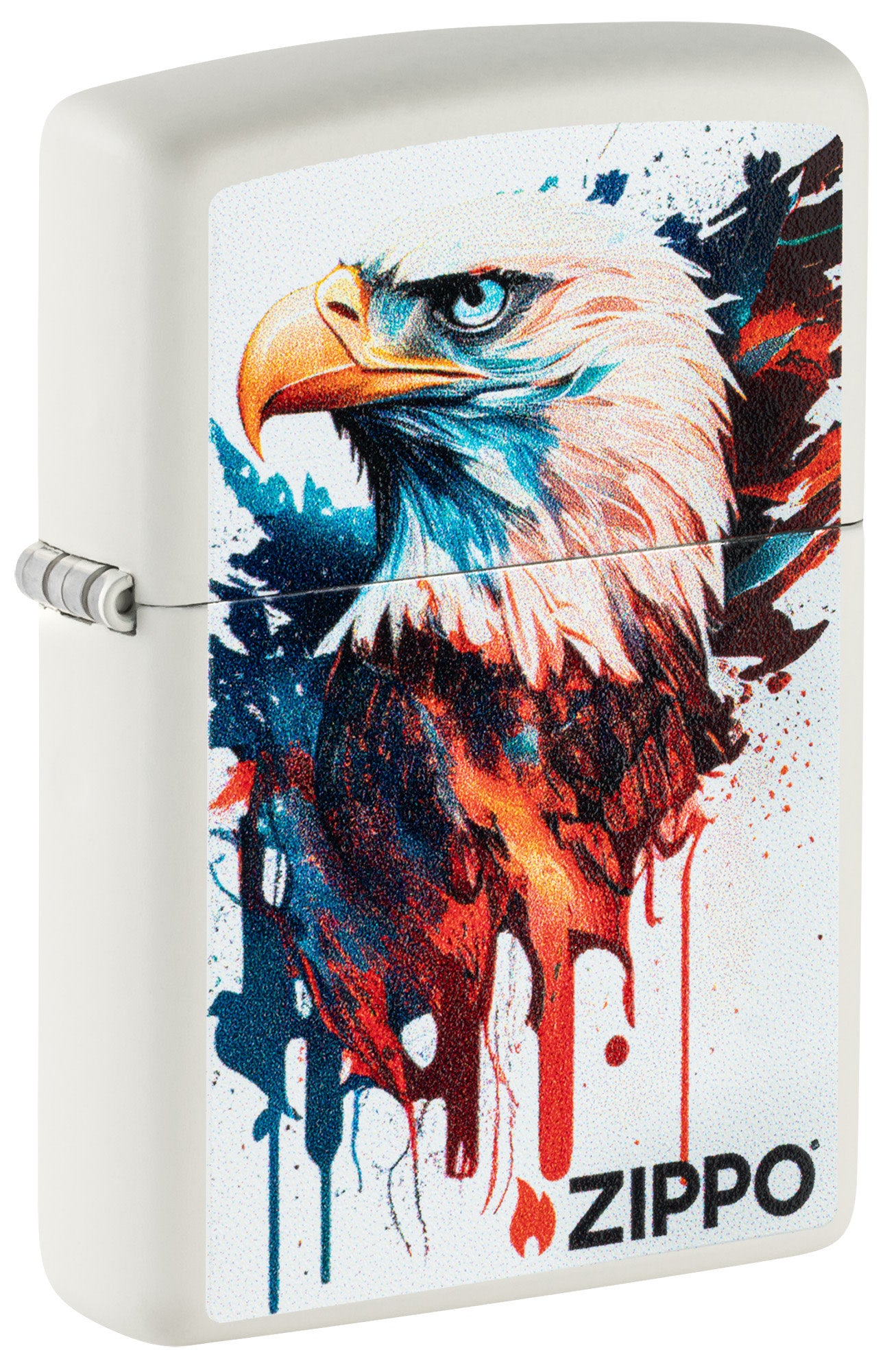 Front shot of Zippo Painted Eagle Design White Matte Windproof Lighter standing at a 3/4 angle.