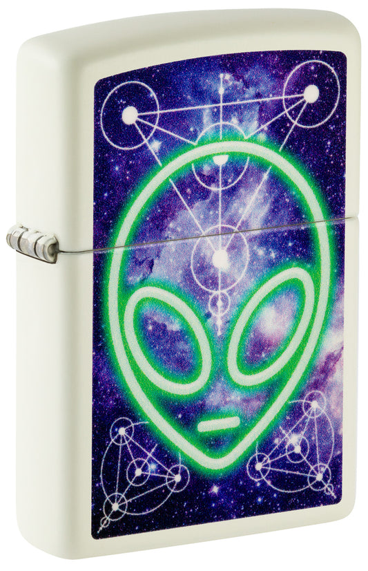 Front shot of Zippo Glowing Alien Design Glow in the Dark Windproof Lighter standing at a 3/4 angle.