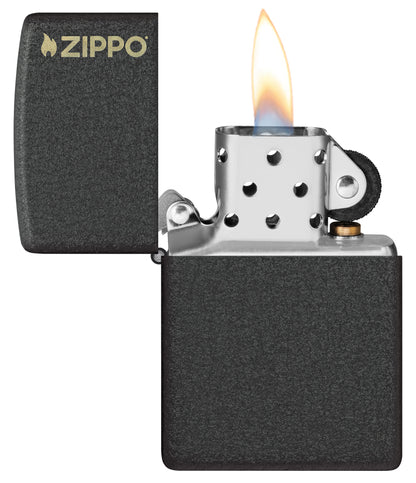 Zippo Classic Black Crackle® Zippo Logo Windproof Lighter with its lid open and lit.