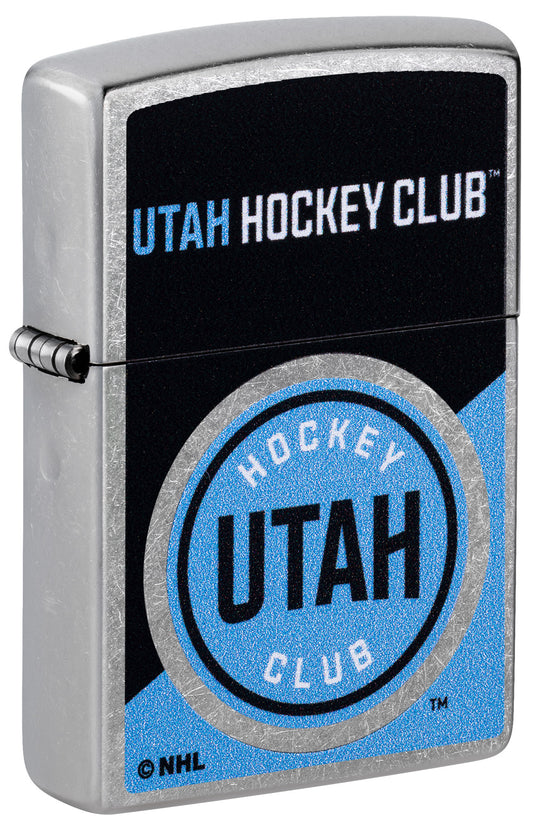 Front shot of Zippo NHL® Utah Hockey Club® 2024 Street Chrome™ Windproof Lighter standing at a 3/4 angle.