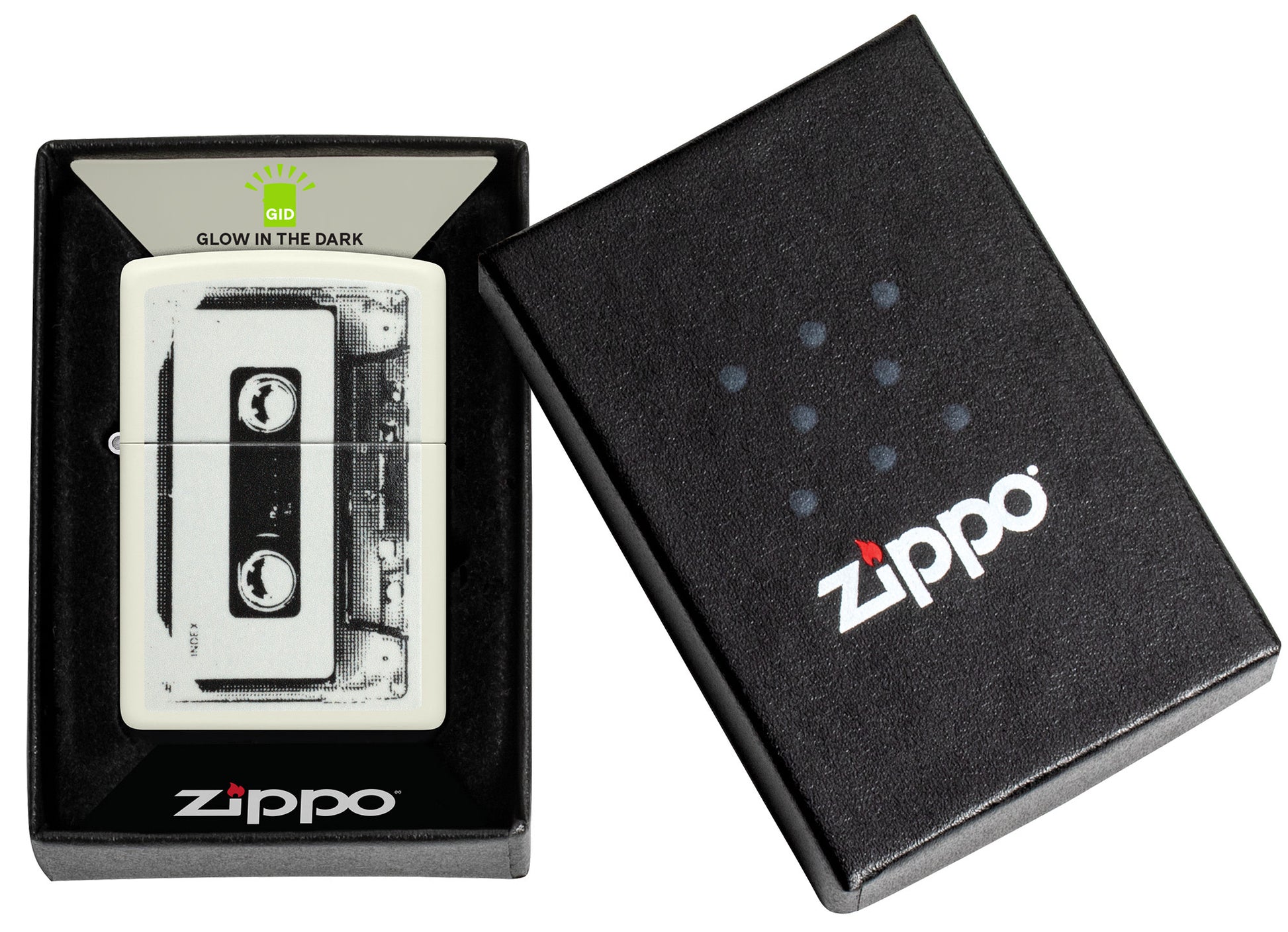 Zippo Cassette Tape Design Glow in the Dark Windproof Lighter in its packaging.