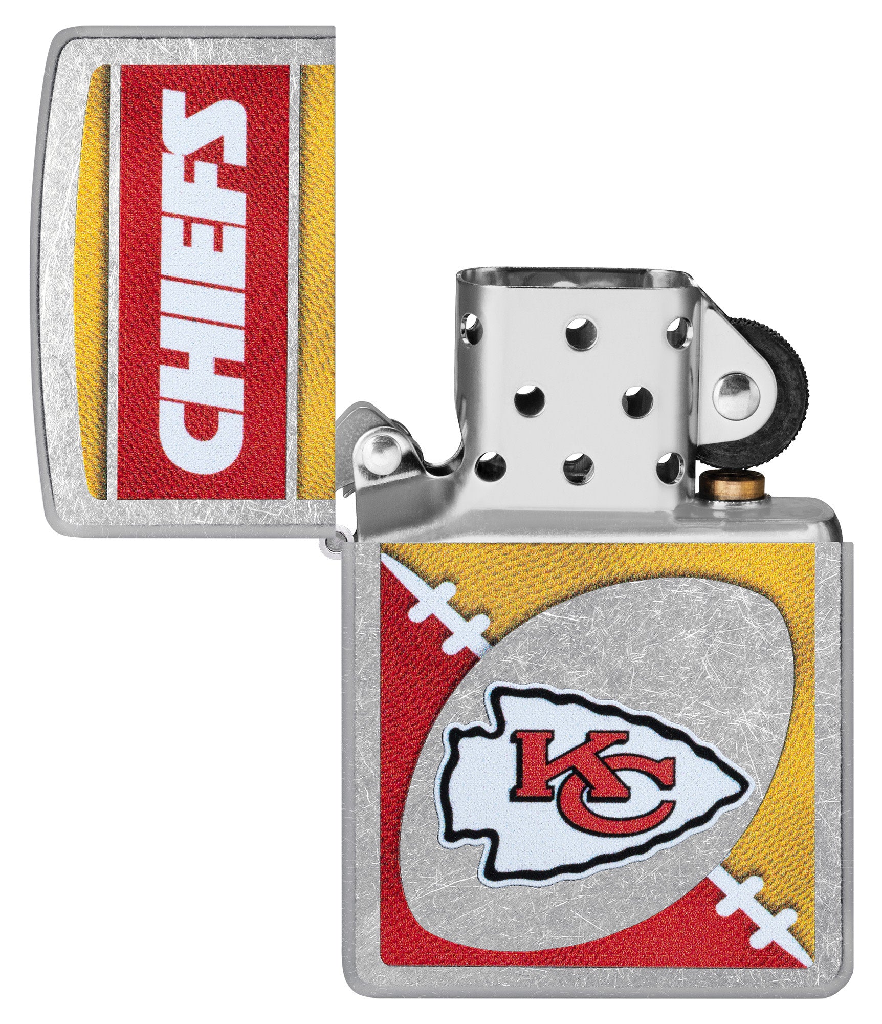 Zippo NFL Kansas City Chiefs Street Chrome Windproof Lighter with its lid open and unlit.