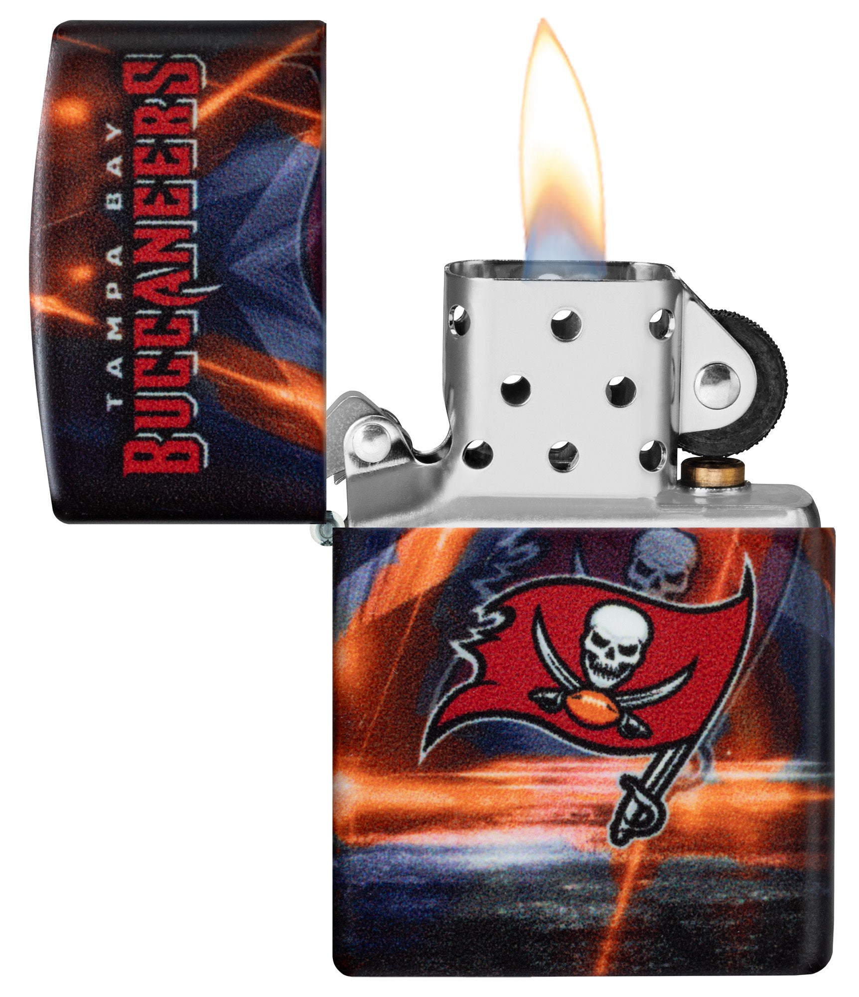 Zippo NFL Tampa Bay Buccaneers 540 Matte Windproof Lighter with its lid open and lit.