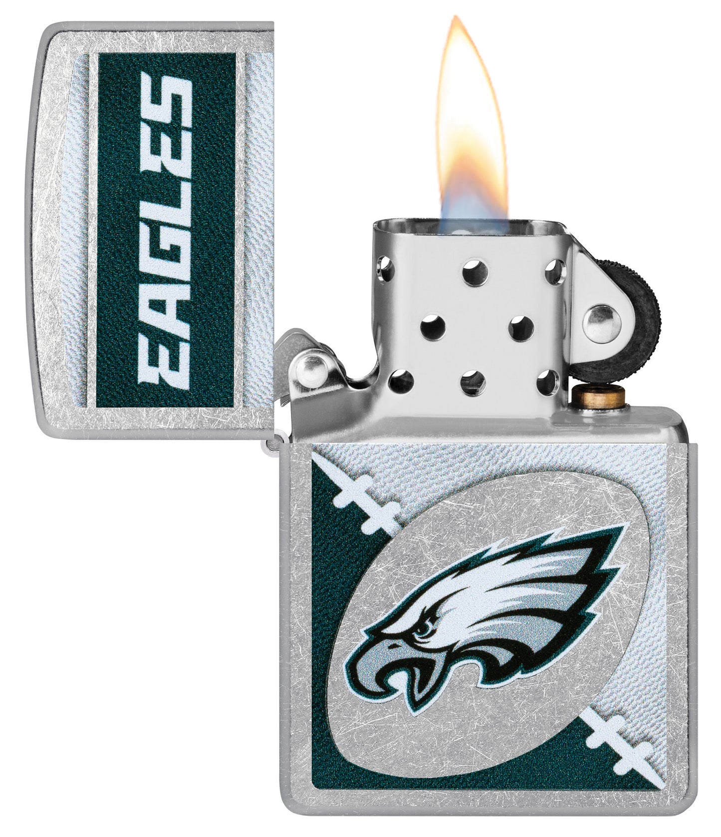 Zippo NFL Philadelphia Eagles Street Chrome Windproof Lighter with its lid open and lit.