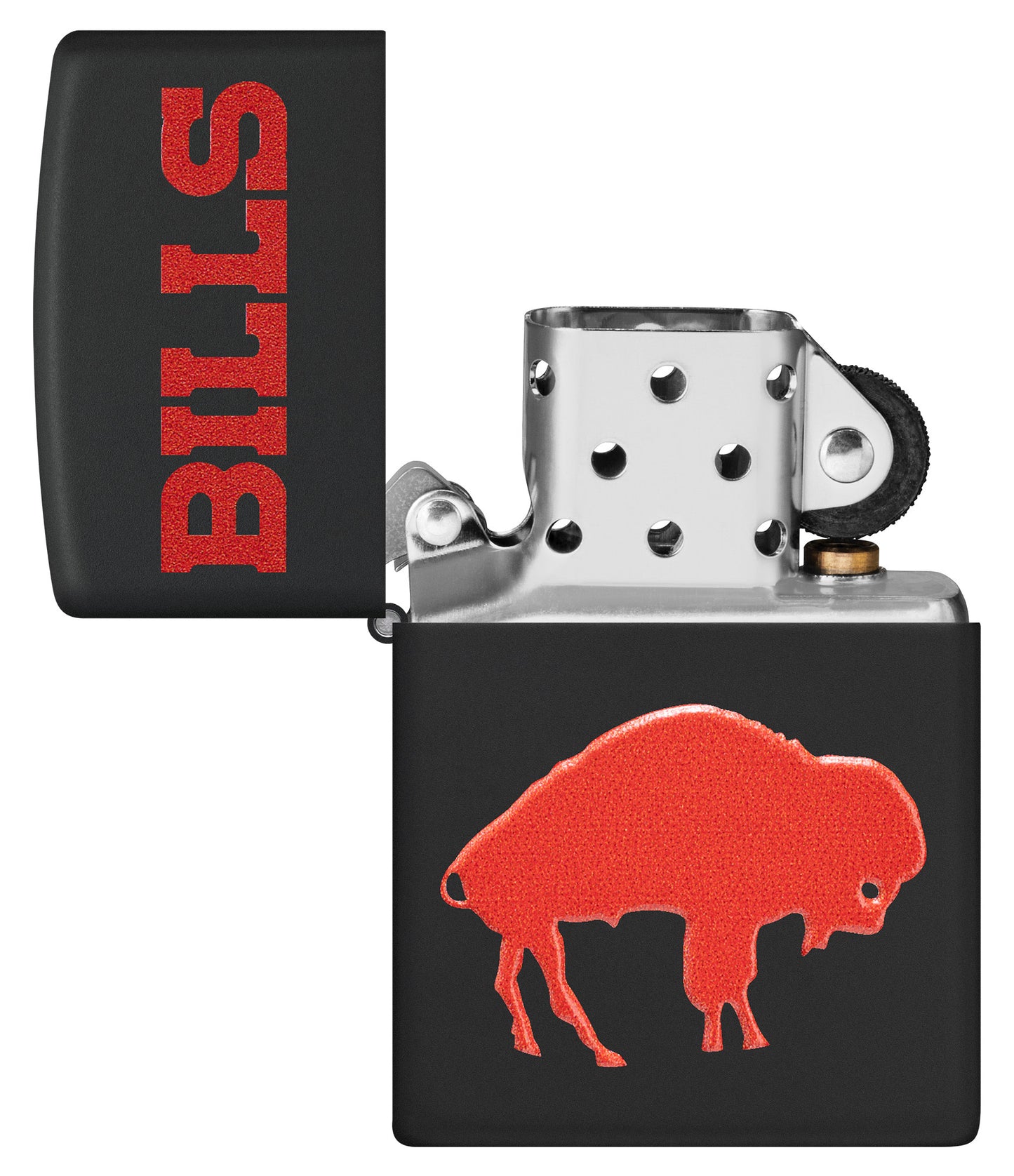 Zippo 2024 NFL Buffalo Bills Exclusive Black Matte Windproof Lighter with its lid open and unlit.