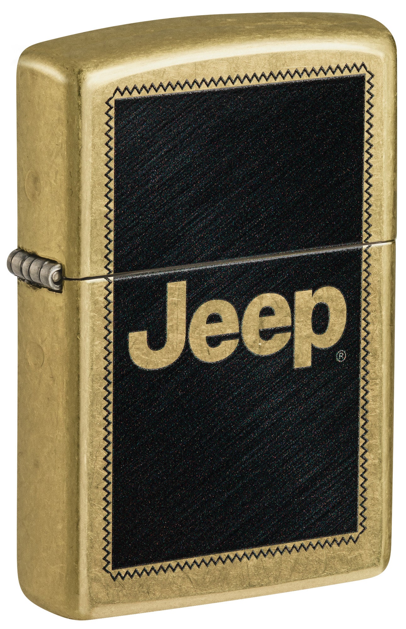 Front shot of Zippo Jeep Stamp Design Regular Street Brass Windproof Lighter standing at a 3/4 angle.