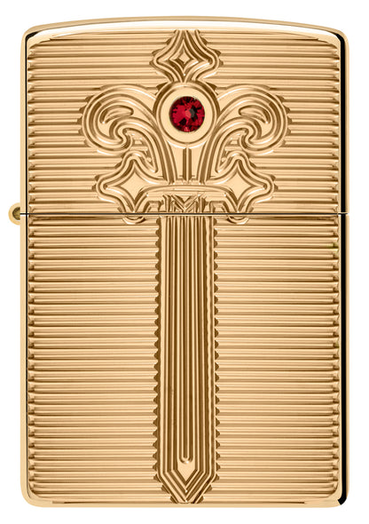 Front view of Zippo Royal Saber Design ArmorÂ® High Polish Brass Windproof Lighter.