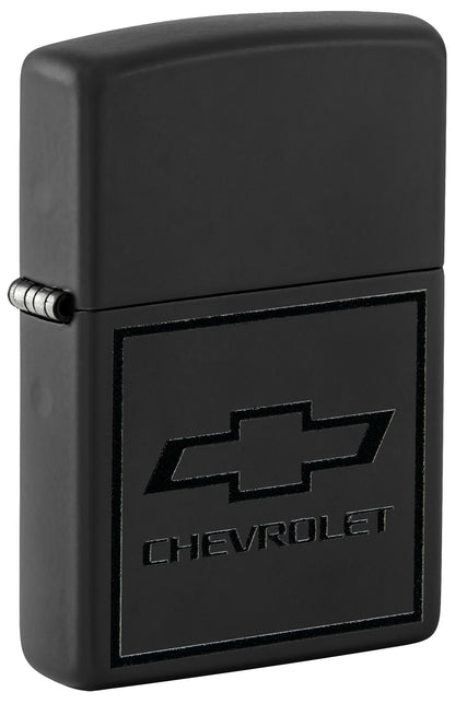 Front shot of Zippo Chevrolet® Bowtie Design Black Matte Windproof Lighter standing at a 3/4 angle.