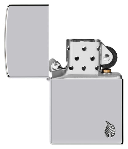 Zippo Armor® Series Flame High Polish Chrome Windproof Lighter with its lid open and unlit.