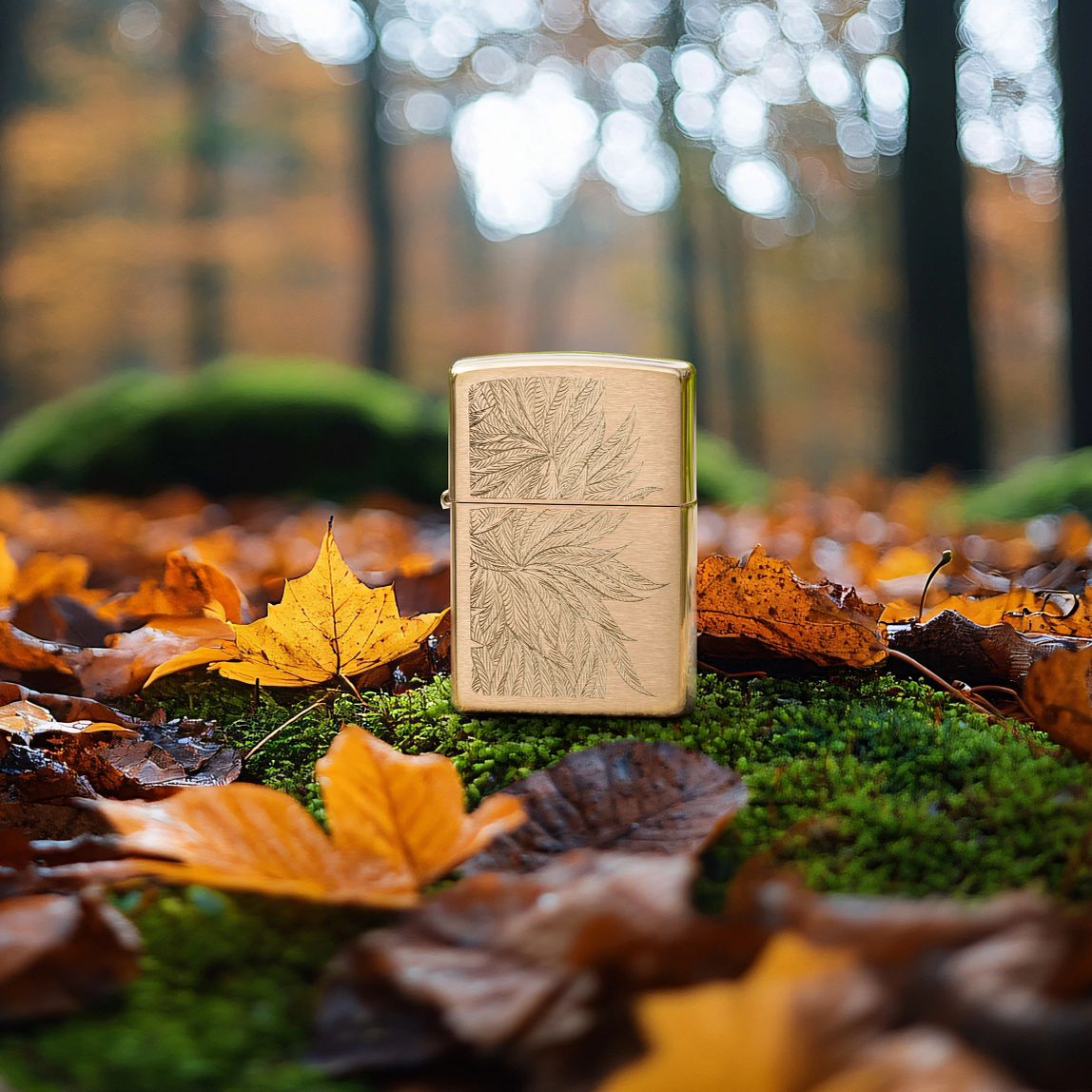 Lifestyle image of Zippo Lush Leaves Design Brushed Brass Windproof Lighter standing on moss covered ground with fall-colored leaves surrounding the lighter and a blurred forest background. 