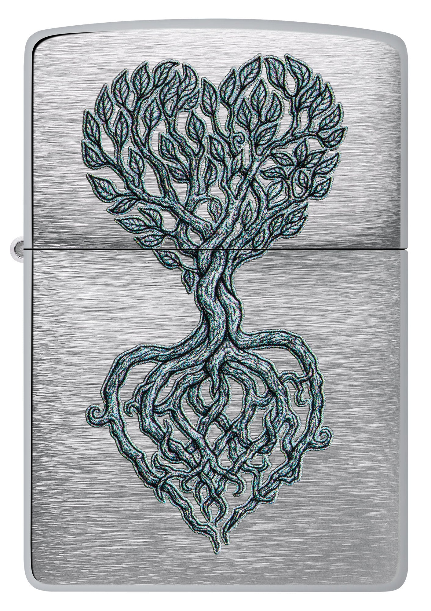 Front view of Zippo Rooted in Love Design Brushed Chrome Windproof Lighter.