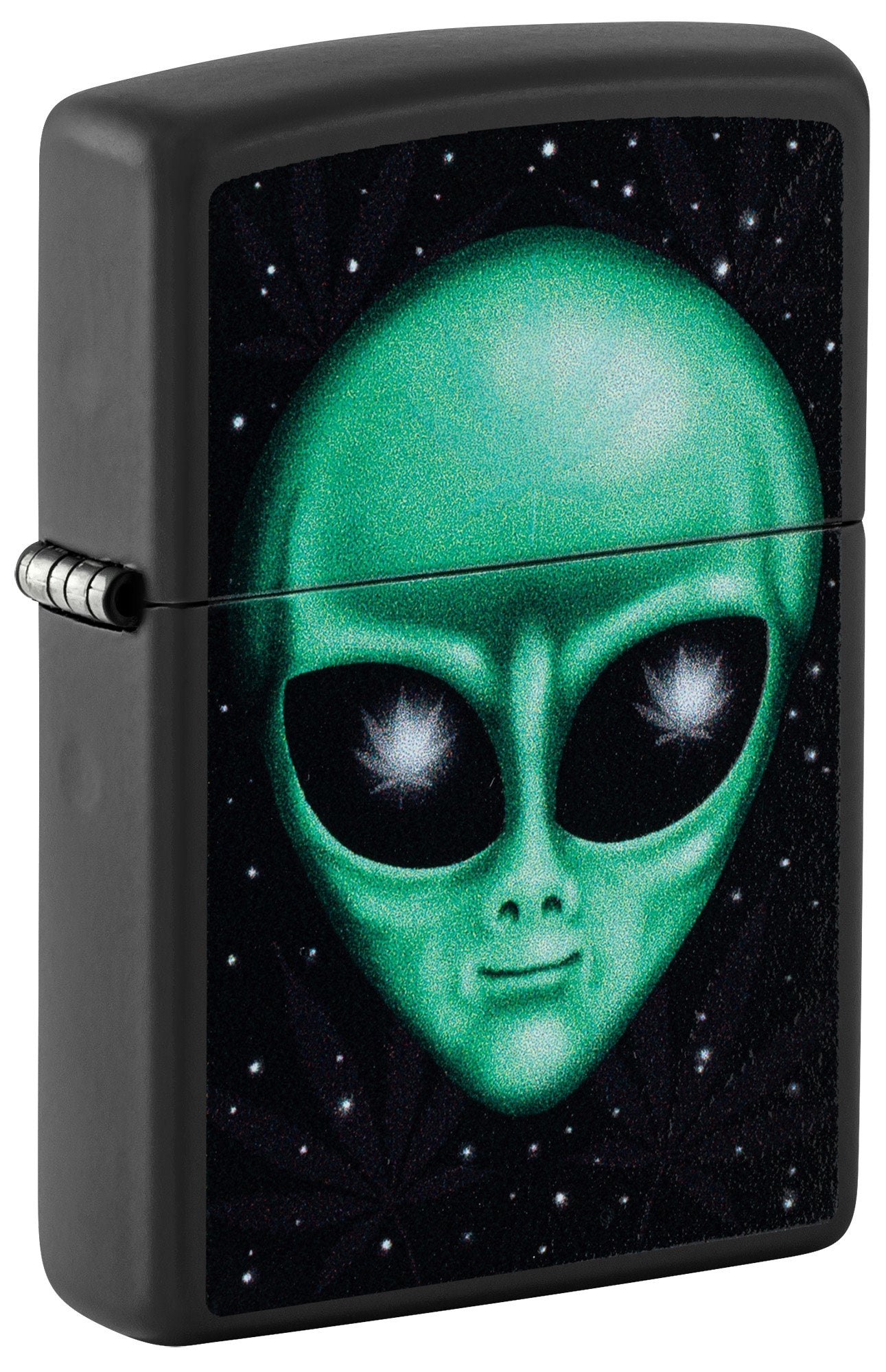 Front shot of Zippo Alien Leaf Design Black Matte Windproof Lighter standing at a 3/4 angle.