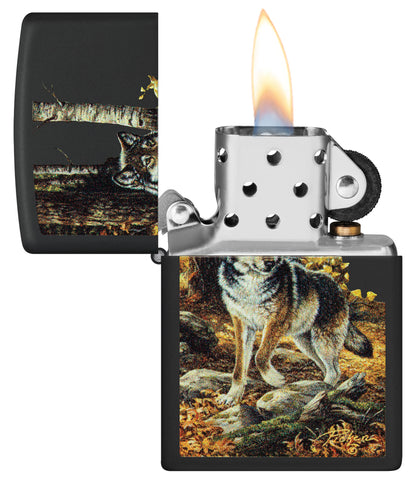 Zippo Linda Picken Black Matte Windproof Lighter with its lid open and lit.