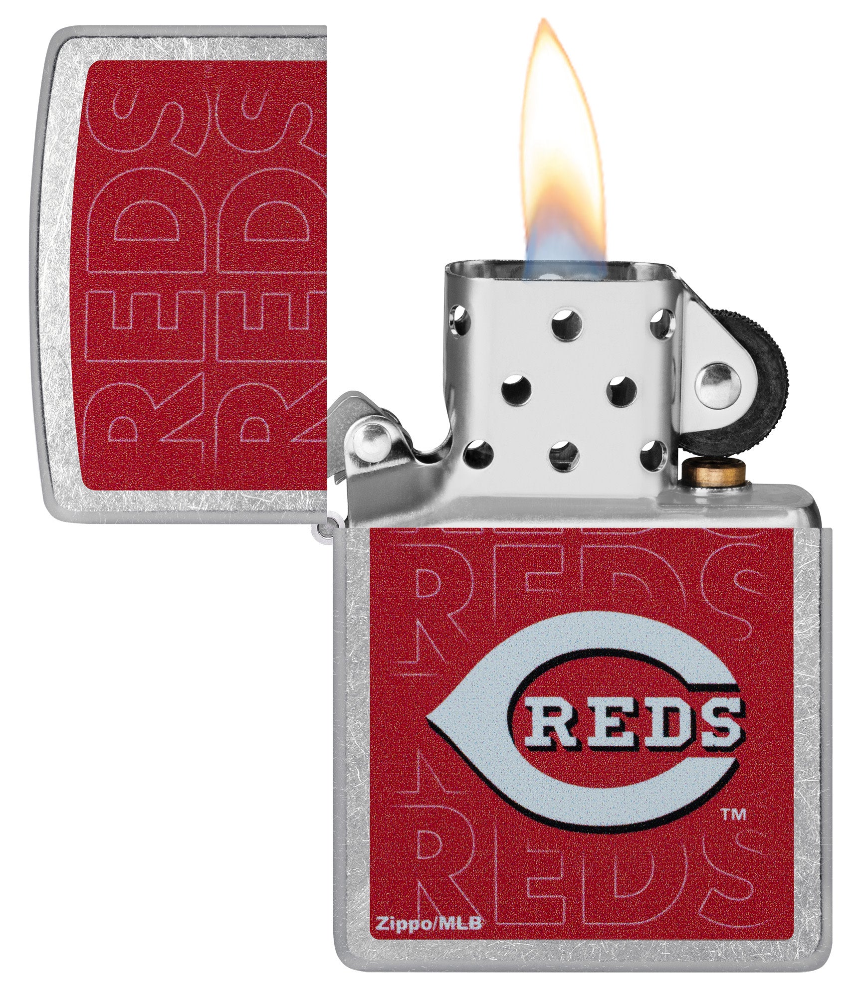 Zippo MLB® Cincinnati Reds Street Chrome Windproof Lighter with its lid open and lit.