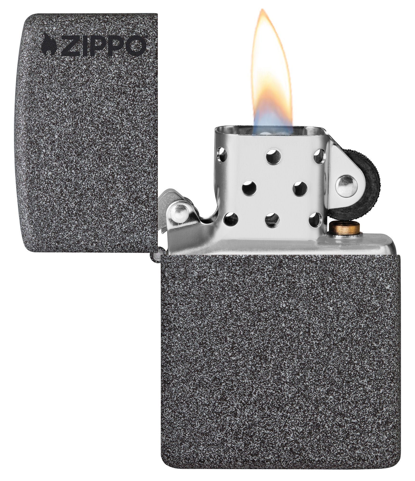 Zippo Classic Iron Stone Zippo Logo Windproof Lighter with its lid open and lit.