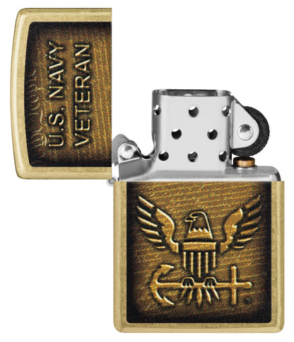 Zippo United States Navy® Street Brass Windproof Lighter with its lid open and unlit.