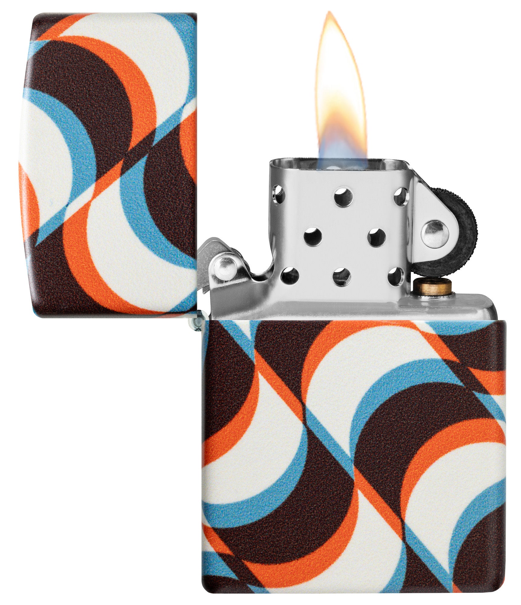 Zippo Funky Pattern Design 540 Matte Windproof Lighter with its lid open and lit.