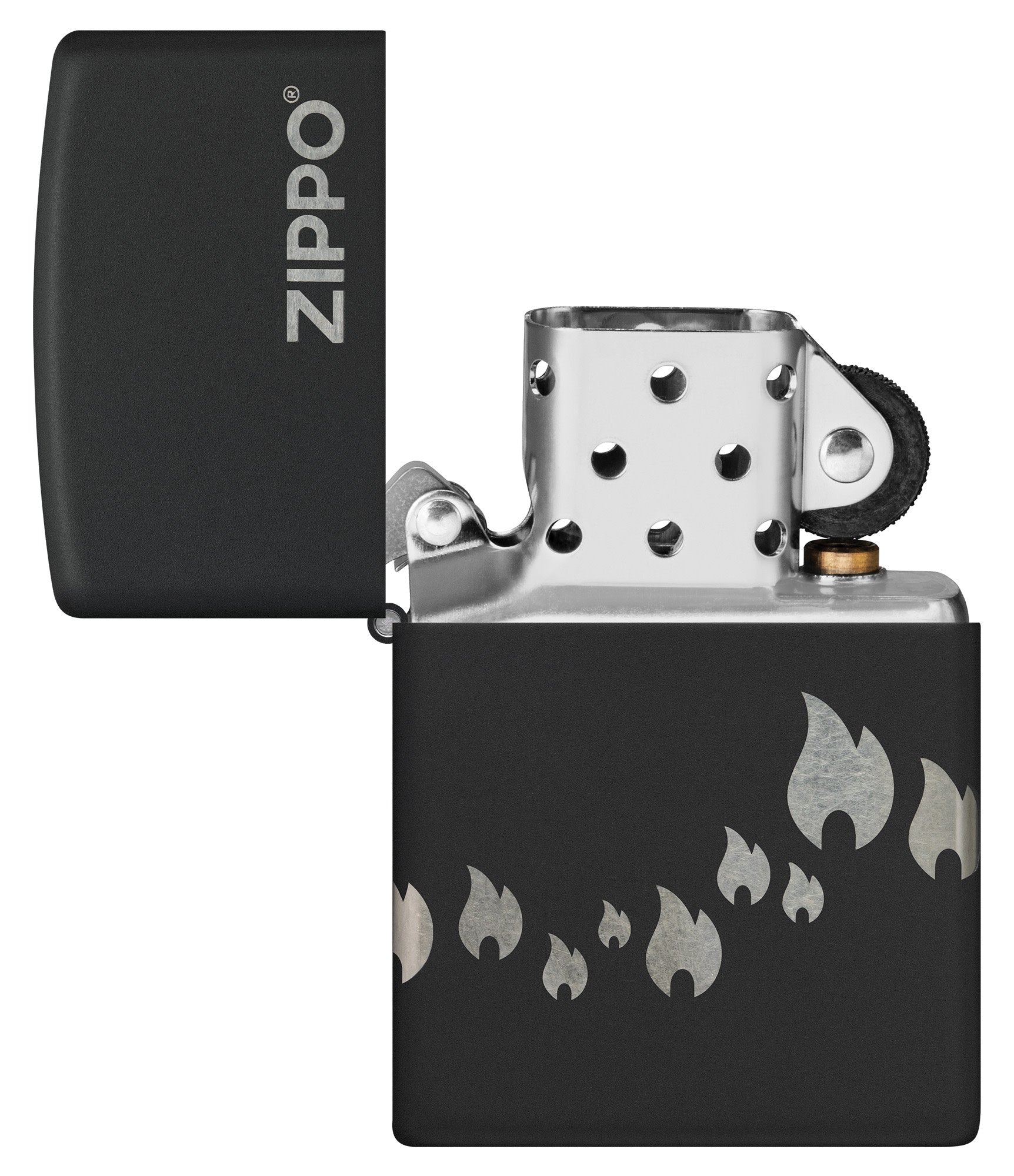 Zippo Design Black Matte with Chrome Windproof Lighter with its lid open and unlit.