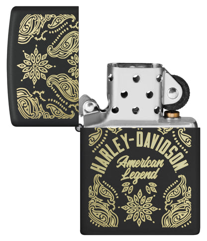 Zippo Harley-Davidson® American Legend Black Matte Windproof Lighter with its lid open and unlit.