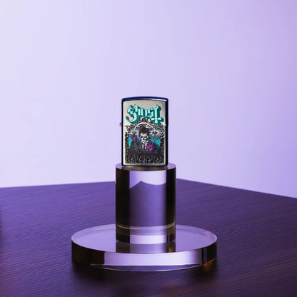 Lifestyle image of Zippo Ghost Papa III Design Classic Street Chrome Windproof Lighter standing on a clear stand on a table showing the front of the lighter with a purple-colored background.