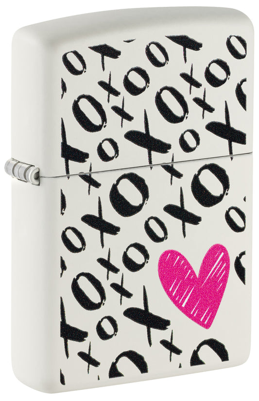 Front shot of Zippo Hugs and Kisses Design White Matte Windproof Lighter standing at a 3/4 angle.