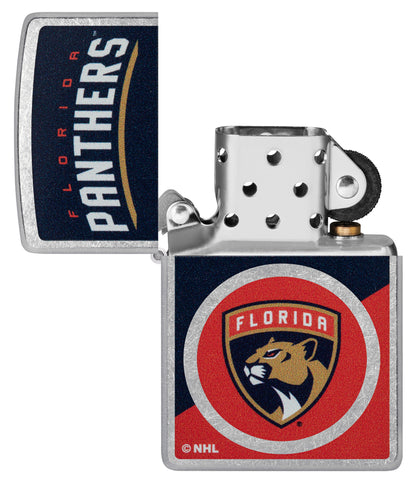 Zippo NHL® Florida Panthers® 2024 Street Chrome™ Windproof Lighter lit in hand.