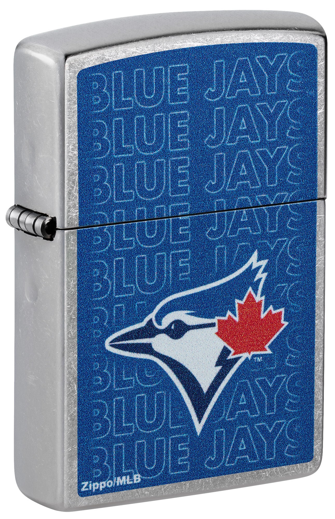 Front shot of Zippo MLB® Toronto Blue Jays Street Chrome Windproof Lighter standing at a 3/4 angle.