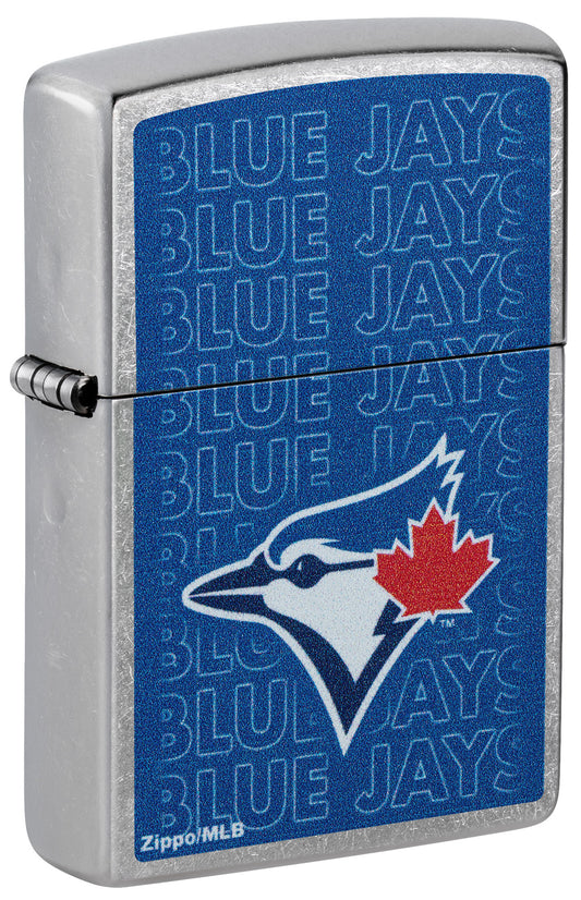 Front shot of Zippo MLB® Toronto Blue Jays Street Chrome Windproof Lighter standing at a 3/4 angle.