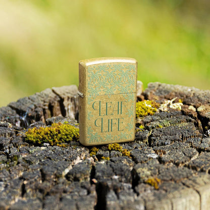 Lifestyle image of Zippo Leaf Life Design Street Brass Windproof Lighter standing on a tree stump showing the front of the lighter with an out of focus light green background.


