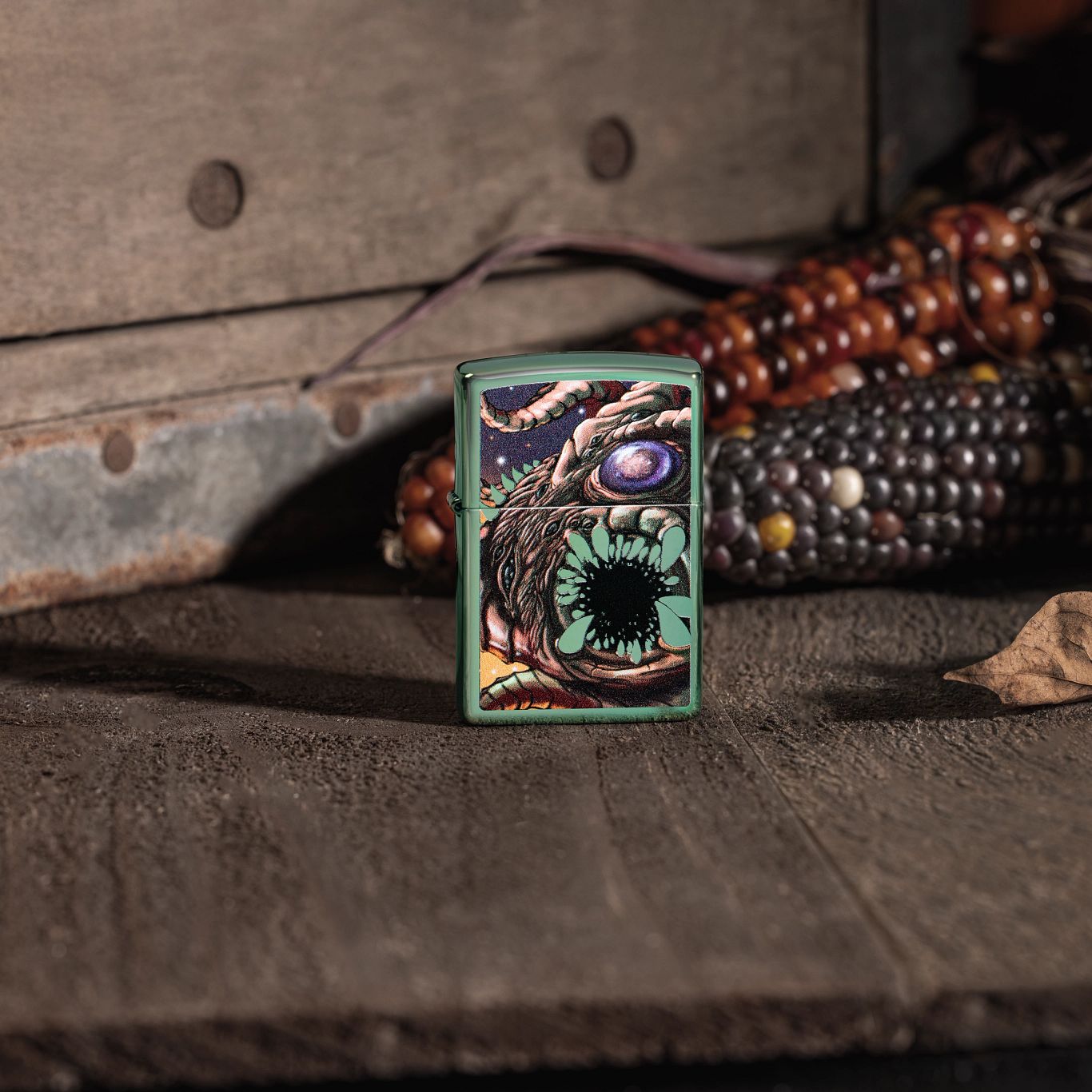 Lifestyle image of High Polish Green Apocalypse Monster Design standing on a wooden floor with a fall background. 

