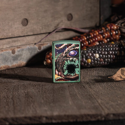 Lifestyle image of High Polish Green Apocalypse Monster Design standing on a wooden floor with a fall background. 

