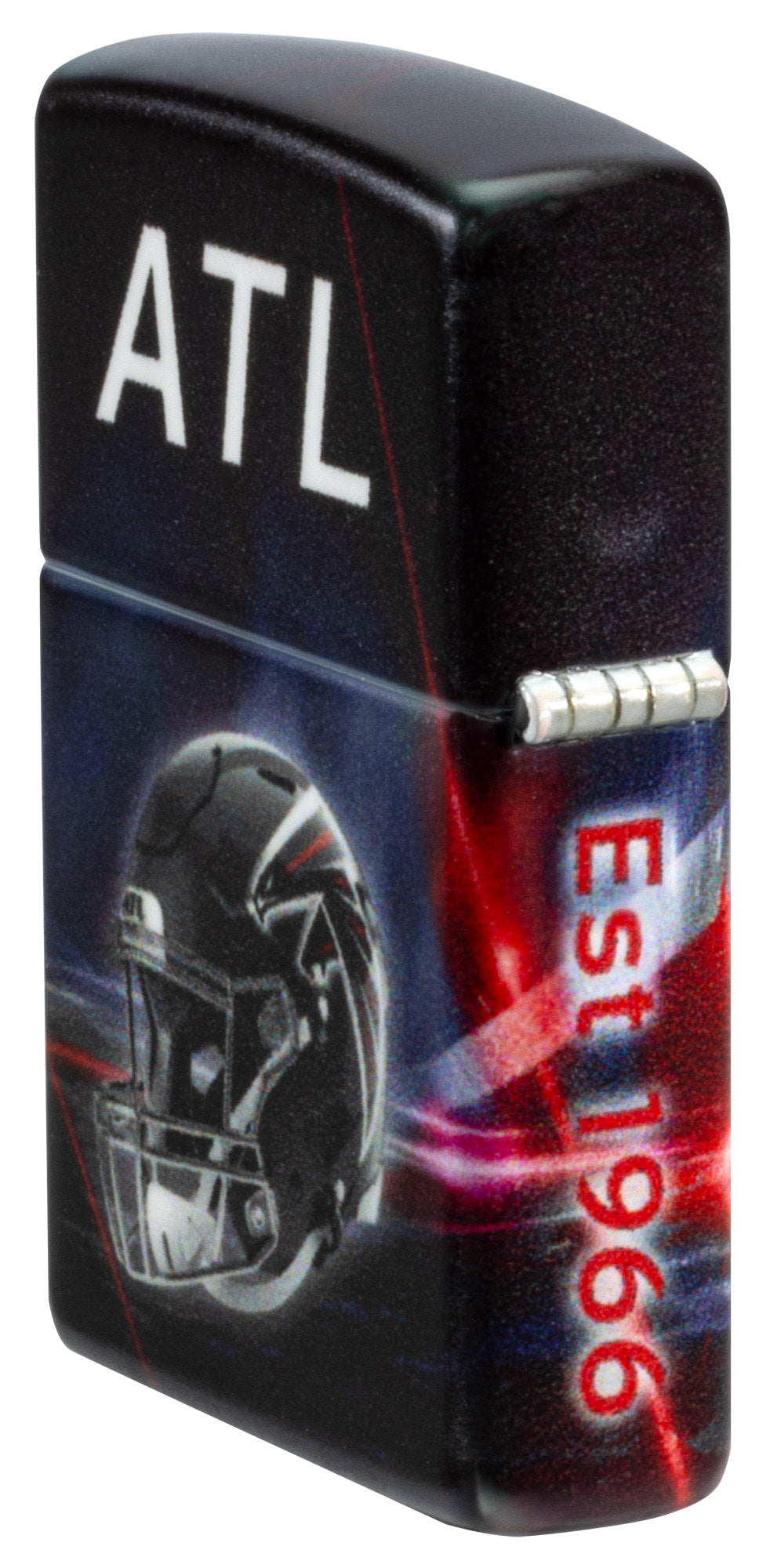 Angled shot of Zippo NFL Atlanta Falcons 540 Matte Windproof Lighter showing the back and hinge sides of the lighter.